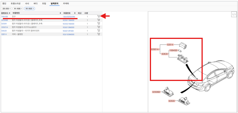 2. 선택 한 물품의 세부 부품 항목이 표시되며 구매 물품을 장바구니에 담습니다. 