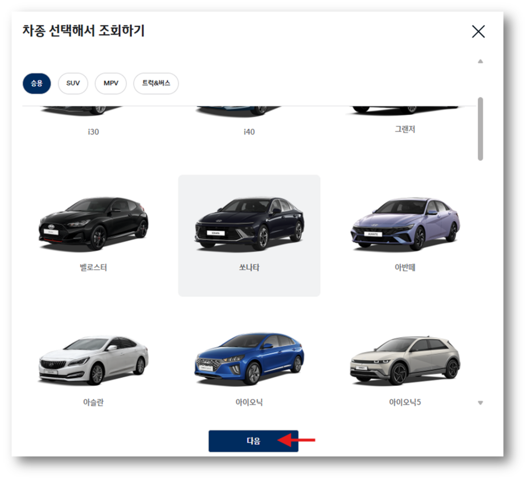 소나타 차량을 선택
