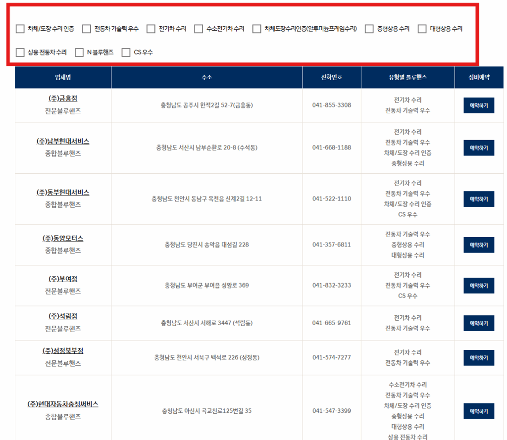 2. 스크롤을 내리면, 수리 가능 항목과 선택한 지역의 블루핸즈 센터를 확인 할 수 있습니다.
